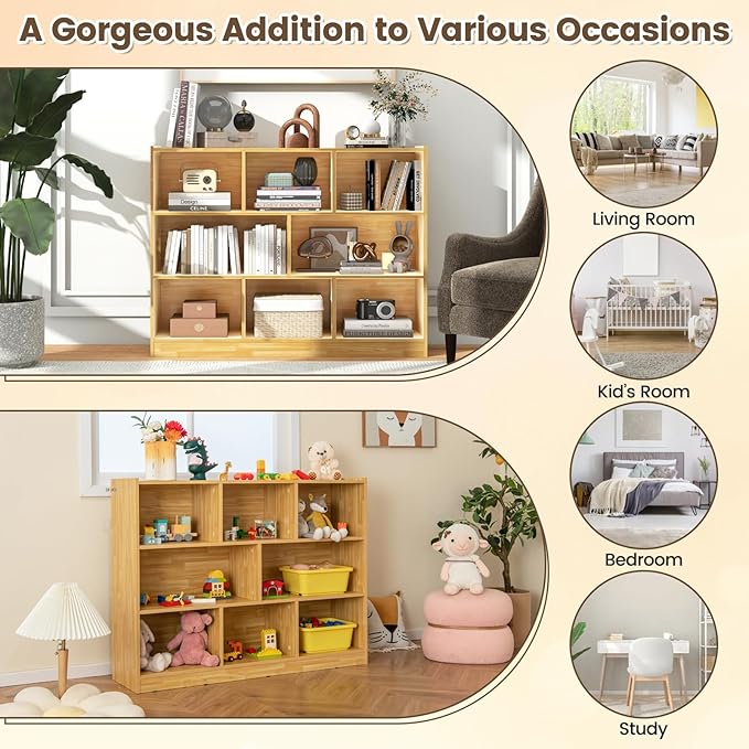 KOTEK Toy Storage Organizer, 8 Cubby Kids Bookshelf, Wooden 4-Tier Bookcase Storage Cabinet, Open Display Book Shelf for Daycare, Nursery, School Classroom, Living Room & Bedroom (Burlywood, 8 Cubes)