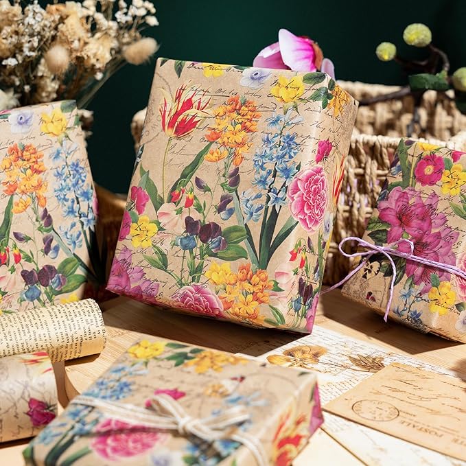 WRAPAHOLIC Kraft Floral Wrapping Paper Roll - Mini Roll - 17 Inch x 9.8 Feet - All Occasion Vintage Flower Wrapping Paper for Wedding Bridal Shower Birthday