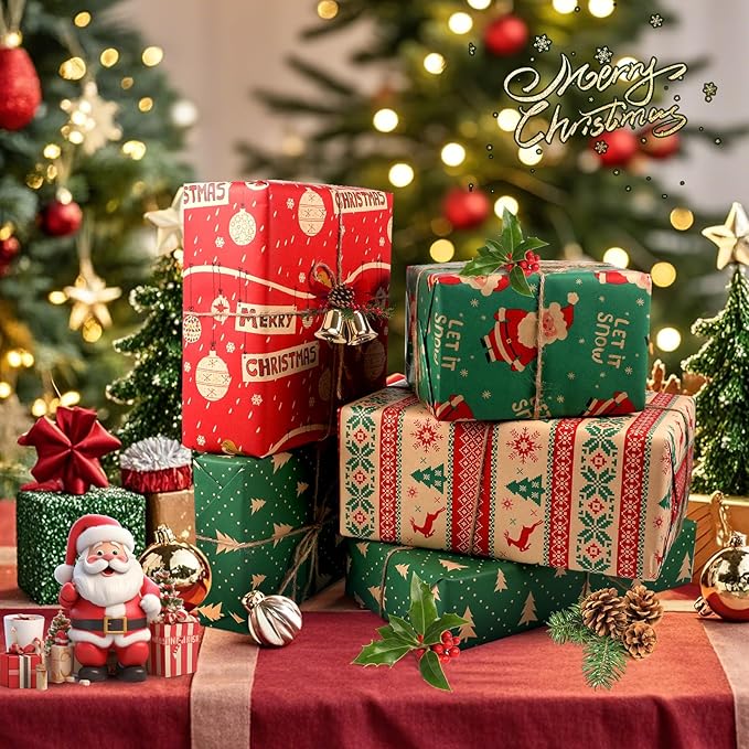 Panigkids Wrapping Paper Jumbo Rolls, Holiday Gift Kraft Wrap Paper for Kids Adults, 4 Rolls - 17 in. x 16 ft. Per Roll, Green Christmas Tree, Snowflakes, Santa, Merry Christmas.（With Jute Twine）