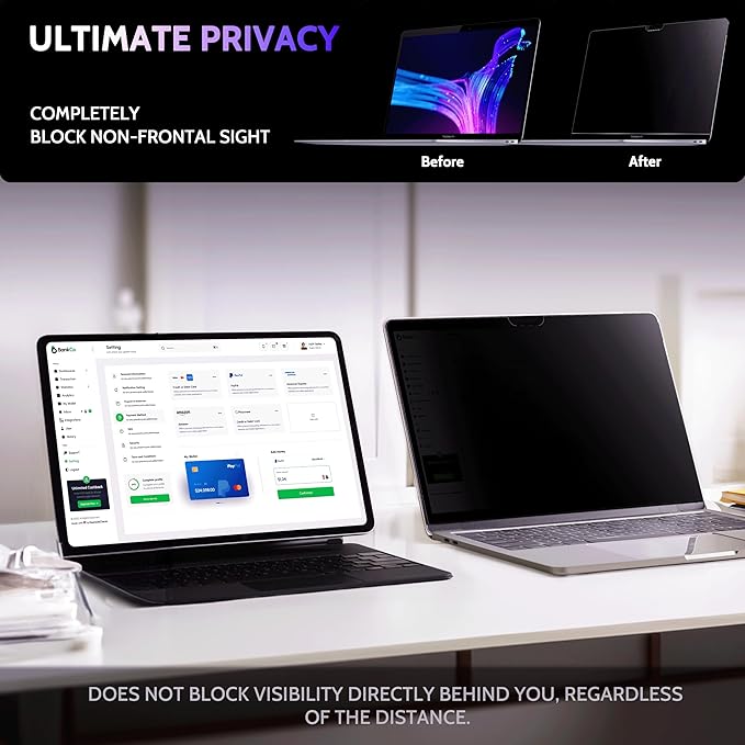 Peslv Privacy Screen for MacBook Air 13 Inch (2018-2021, M1) & MacBook Pro 13 In (2016-2022, M1, M2), MagicSuction™ Removable Anti Spy Black Protector, Glare Blue Light Filter for Mac Laptop Computer
