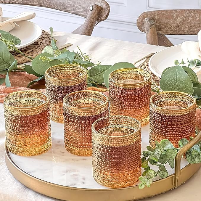 Kate Aspen Beaded Amber Drinking Glasses Set of 6-10 oz Vintage Glassware Set Jupiter Glasses, Cocktail Glass Set, Juice Glass, Water Cups Hostess Gift, Present, Gift for Newlyweds
