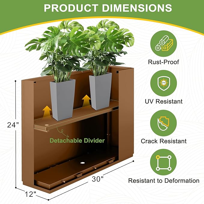 Metal Planter Box Rectangular Planter Box with Drainage Hole, Outdoor Large Planters, All-Weather Use, Rust-Resistance, for Flowers Plants, 29.9" L × 12" W × 24" H, Brown
