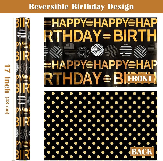 WRAPAHOLIC Reversible Birthday Wrapping Paper Roll - Mini Roll - 17 Inch x 16.5 Feet - Black Gold Happy Birthday Wrapping Paper Perfect for Adults Kids Girls Boys, Baby Shower
