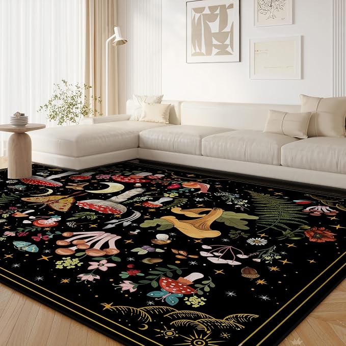 Mushroom Moth Area Rugs for Living Room Dining Room Bedroom Farmhouse, Non-Slip Machine Washable Black Rug Carpet 5'x7', Witchy Living Room Decor Aesthetic