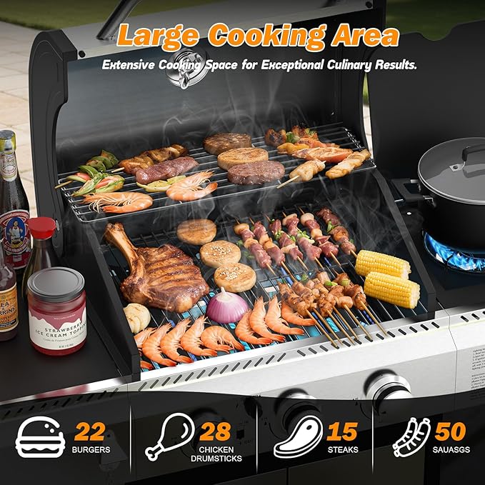 Electactic 3-Burner Propane Gas BBQ Grill with Side Burner,Stainless Steel Grill with Porcelain-Enameled Grates,37000 BTU Barbecue Grill, Suitable for Outdoor Cooking,Camping,Patio Backyard
