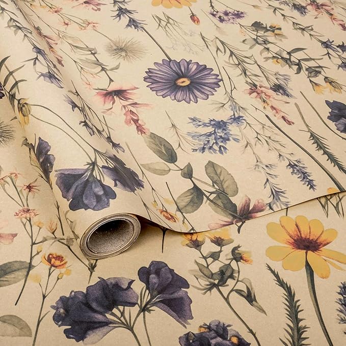 Altarho Kraft Floral Wrapping Paper Roll For Women Girls Wild Flower Design Gift Wrap for Birthday Wedding Mothers Day Bridal Shower Engagement Total 28.5sq.ft