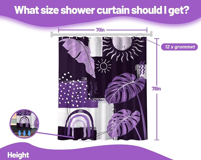 Purple Mid Century Modern Shower Curtain Bohemian Abstract Lavender Shower Curtains for Bathroom Decor Sets, Waterproof Cloth Fabric with Hooks, 70x78 Inch
