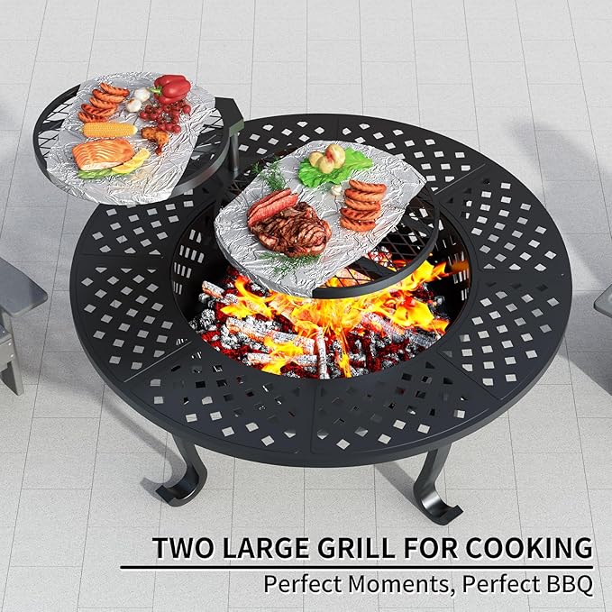 ZIENLIFE 43 Inch Fire Pit with 2 Grill, Outdoor Wood Burning Firepit with Lid, Metal Round Table for Backyard Patio Garden Picnic Camping Bonfire