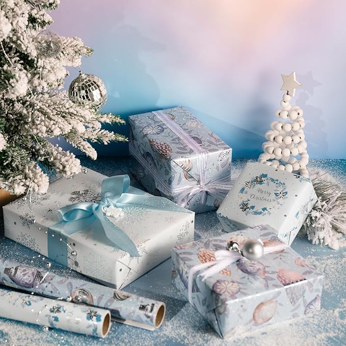 LeZakaa Blue Christmas Wrapping Paper Mini Roll, Silver Blue Winter Ornaments, Floral Wreath, Snowflake Holiday Gift Wrap, Arts Craft, for Xmas Winter Party Men Women, 17 x 120 inches, 3 Rolls