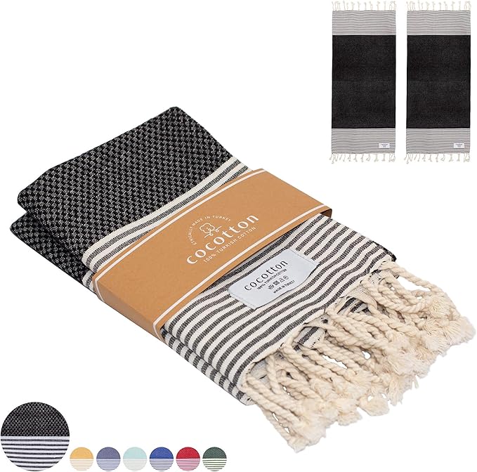 Boho Striped Turkish Hand Towels Set of 2 | 100% Cotton, 16 x 40 Inches | Decorative Bathroom Hair Face Gym Yoga Dishcloth Tea Kitchen Light Weight Quick Dry Farmhouse Towel (Black)