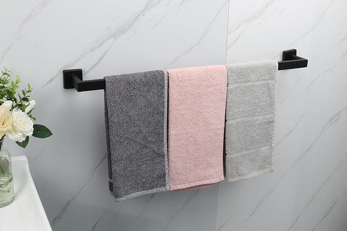 TocTen Bath Towel Rack - Square Base Thicken SUS304 Stainless Steel Towel Bar for Bathroom, Bathroom Accessories Towel Rod Heavy Duty Wall Mounted Towel Holder. (Black, 30)