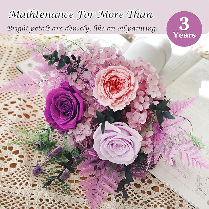 Preserved Roses Bouquets,Flowers for Delivery, Eteranl Purple Rose Bouquets Long-Lasting Real Flowers,Birthday Flowers Gifts for Mom Women Friends, Mothers Day for Grandma Wife Her(Purple)