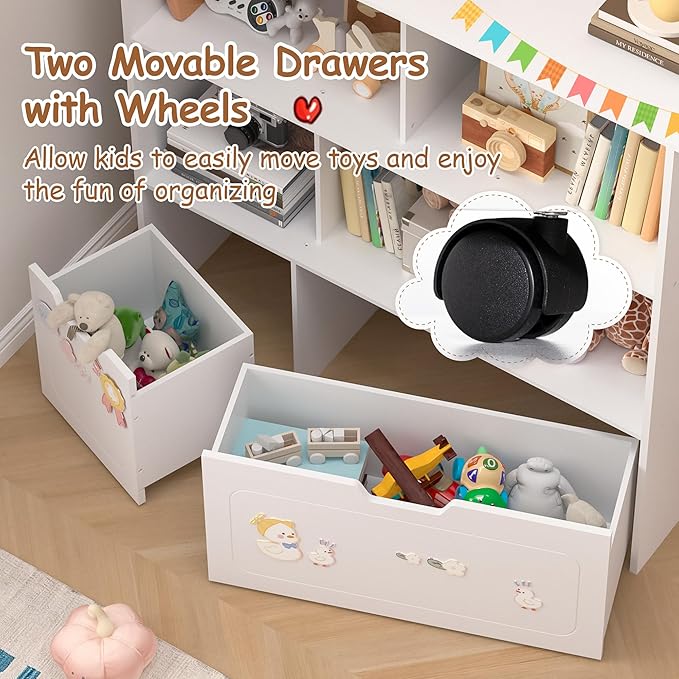 Toy Storage Organizer with 2 Movable Drawers, 3-Shelf Kids Bookcase Children's Toy Chest Cabinet for Playroom Bedroom Daycare Nursery School, 5 Cubes Montessori Bookshelf