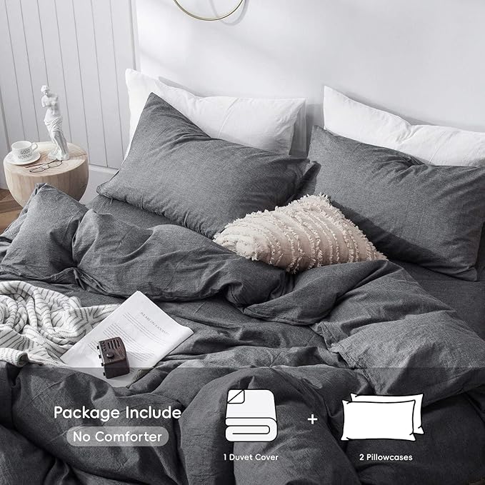 MooMee Bedding Duvet Cover Set 100% Washed Cotton Linen Like Textured Breathable Durable Soft Comfy (Heathered Dark Grey, Oversized King Plus 128"x120")