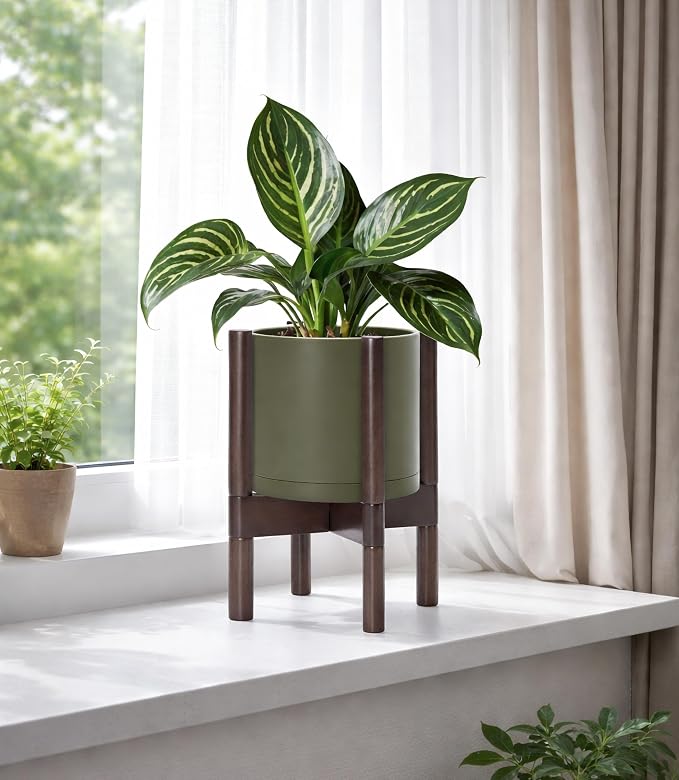 D'vine Dev Planter Pot with Stand - 8 Inch Plastic Cylinder Flower Pot with Wood Planter Holder for Indoor, Olive Pot + Walnut Color Stand, 55-C-I-3