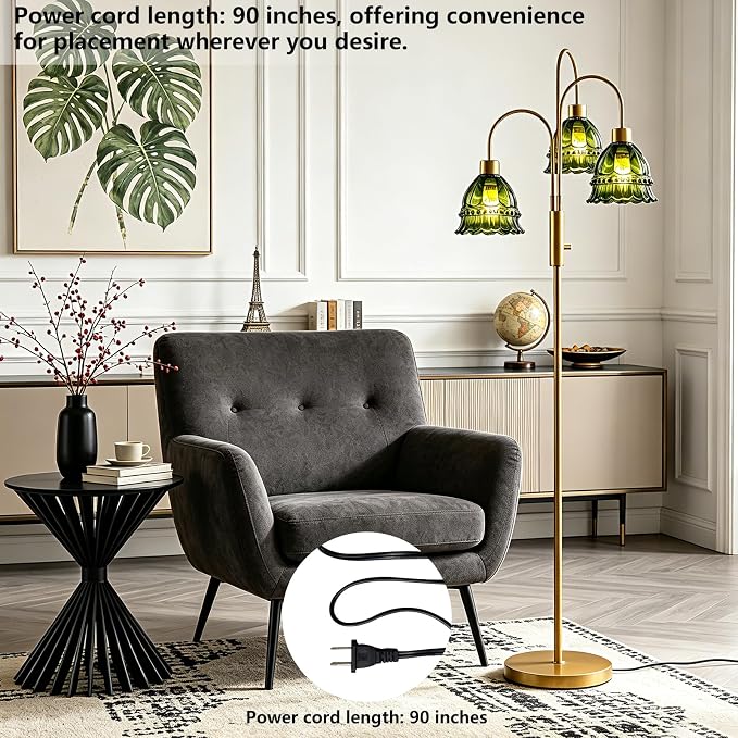 3-Light Glass Floor Lamp with Green Ribbed Glass Shades, 70" Gold Dimmable Tall Standing Lamp with 3PCS 3000K Warm White Bulbs, Modern Tree Pole Lamp for Living Room Bedroom Home Office Corner Decor
