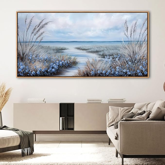 KLAKLA Beach Wall Art for Living Room 58x29 Inches Blue Ocean Wall Paintings Sea Wave Canvas Picture Artwork Modern Poster Bedroom Office Home Decor