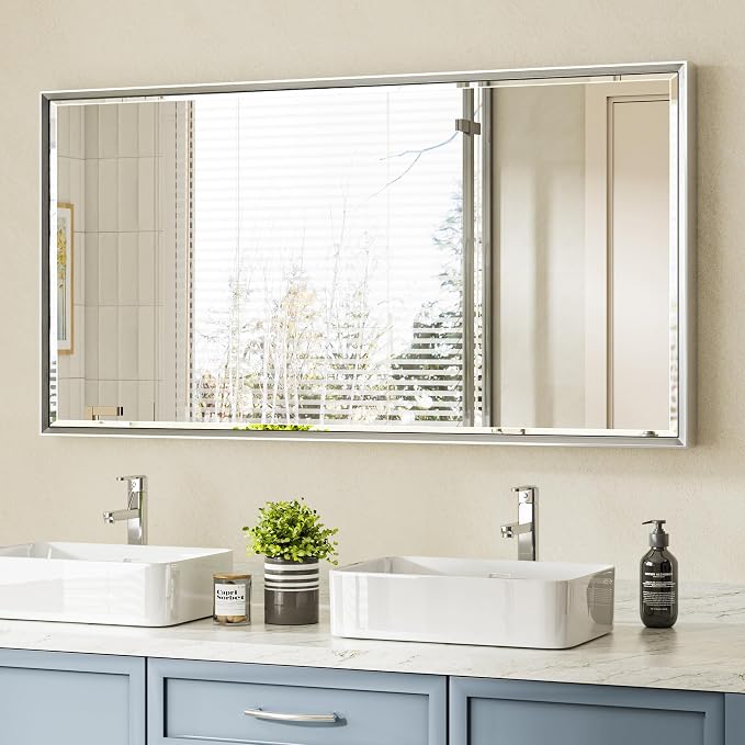 48x24 Beveled Silver Bathroom Vanity Mirror, Shatterproof Large Rectangle Metal Framed Mirror for Bathroom Wall, Anti-Rust Vertical/Horizontal Wall-Mounted Mirrors