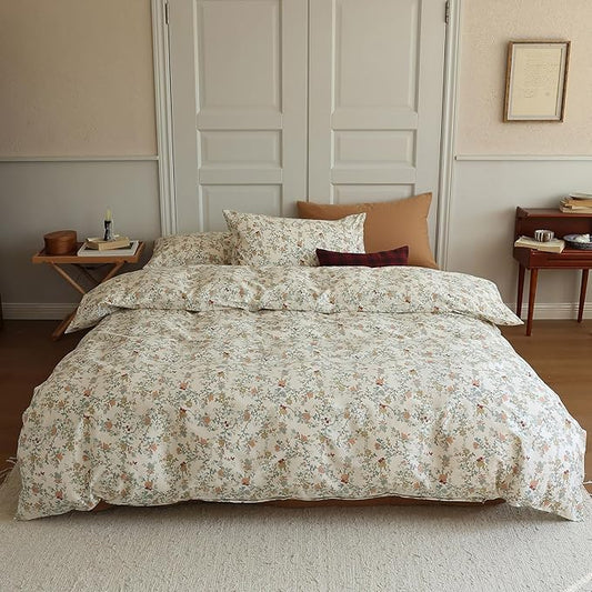 EAVD Vintage Style Floral Duvet Cover Twin Soft Cotton Chic Shabby Garden Floral Bedding Set with 2 Pillowcases Fresh Reversible Botanical Comforter Cover with Zipper Closure