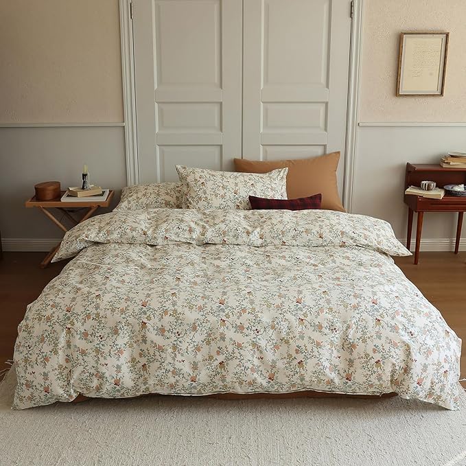 EAVD Vintage Botanical Floral Duvet Cover King - Soft Cotton Chic Shabby Garden Bedding Set With 2 Pillowcases, Fresh Reversible Comforter Cover With Zipper Closure