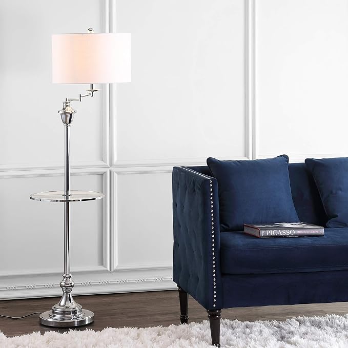 JONATHAN Y 60" Chrome Floor Lamp with Integrated Glass Side Table, Modern Swing Arm Standing Lamp for Living Room, White Linen Shade, LED Bulb Included (JYL3055B)