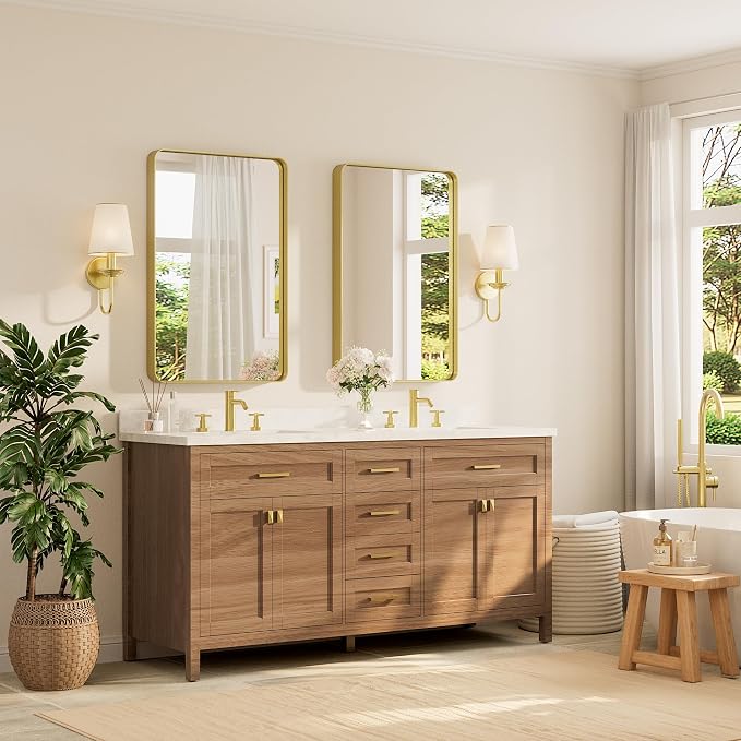 TETOTE Brushed Gold Bathroom Mirror, 24 x 36 Inch Metal Framed Mirror, Brushed Brass Rectangle Wall Mounted Golden Vanity Mirror (Horizontal/Vertical)