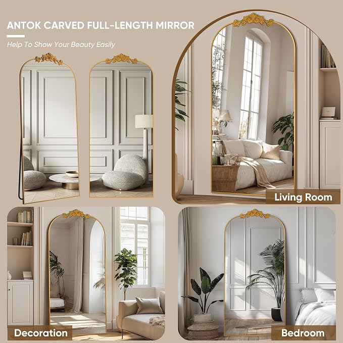 Antok Arched Full Length Mirror, 71"x28" Floor Mirror with Carved, Full Body Mirrors for HomeDecor, Standing/Halling Large Wall Mirror for Bedroom, Living Room, Cloakroom, Gold, Retro Style