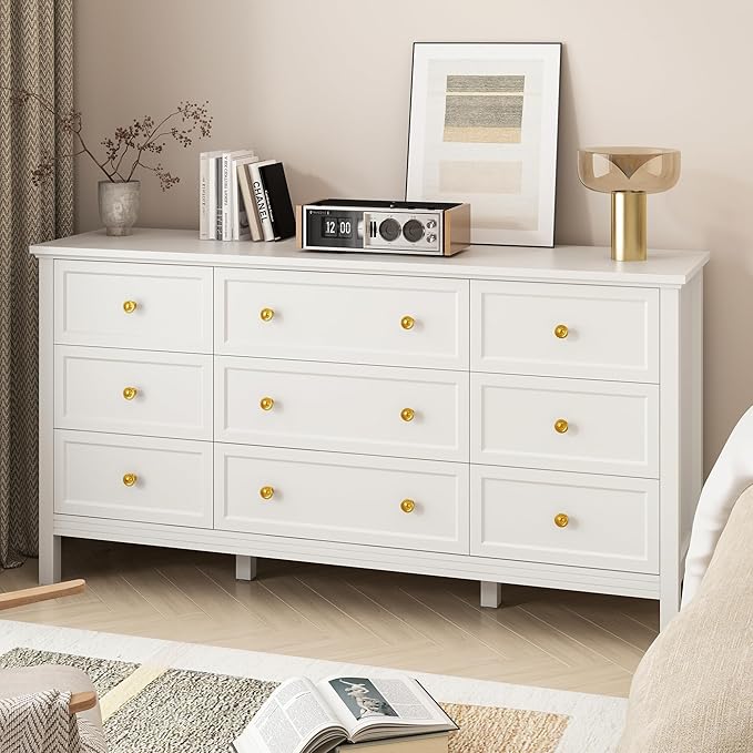 White 9 Drawers Dresser for Bedroom, 59'' Large Wood Dresser with Gold Handles, Modern Wide Chest of Storage Drawers for Hallway, Living Room