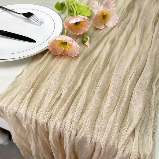 Booque Valley 3 Pack Beige Cheesecloth Table Runner 10ft Super Soft Boho Wrinkled Gauze Sheer Cloth for Baby Shower Baptism Birthday Party Wedding Centerpiece Table Decoration, 35x120 Inch