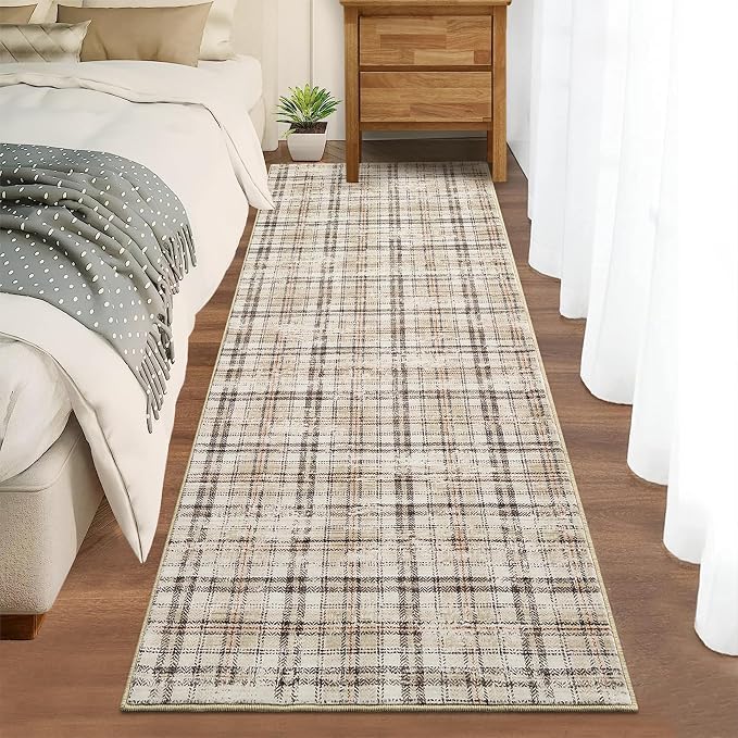 Washable Modern Tartan Plaid Non Slip Kitchen & Bedroom 2'x6' Beige Stain Resistant Throw Rug
