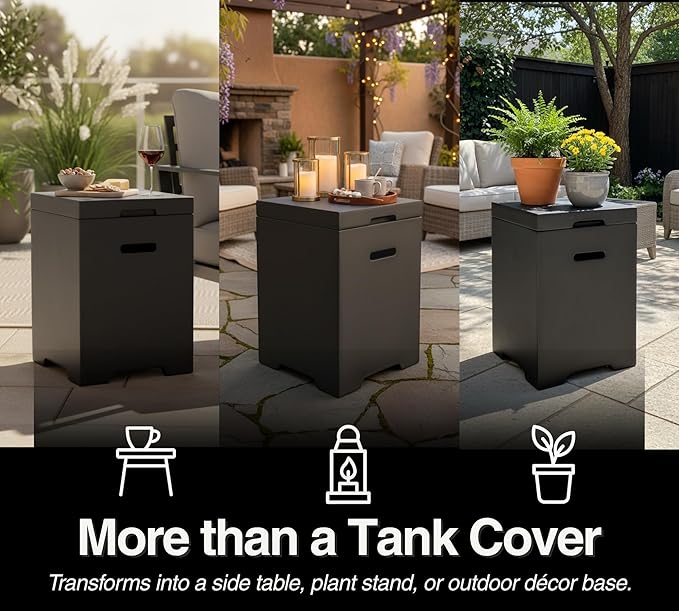 HillAethel 21-Inch Outdoor Propane Tank Cover, Small Side Table,Square Weatherproof Gas Tank Cover for Outdoor Fire Pit Table and Grill, Store 20lb Propane Gas Tank,Removable Lid,Dark Grey