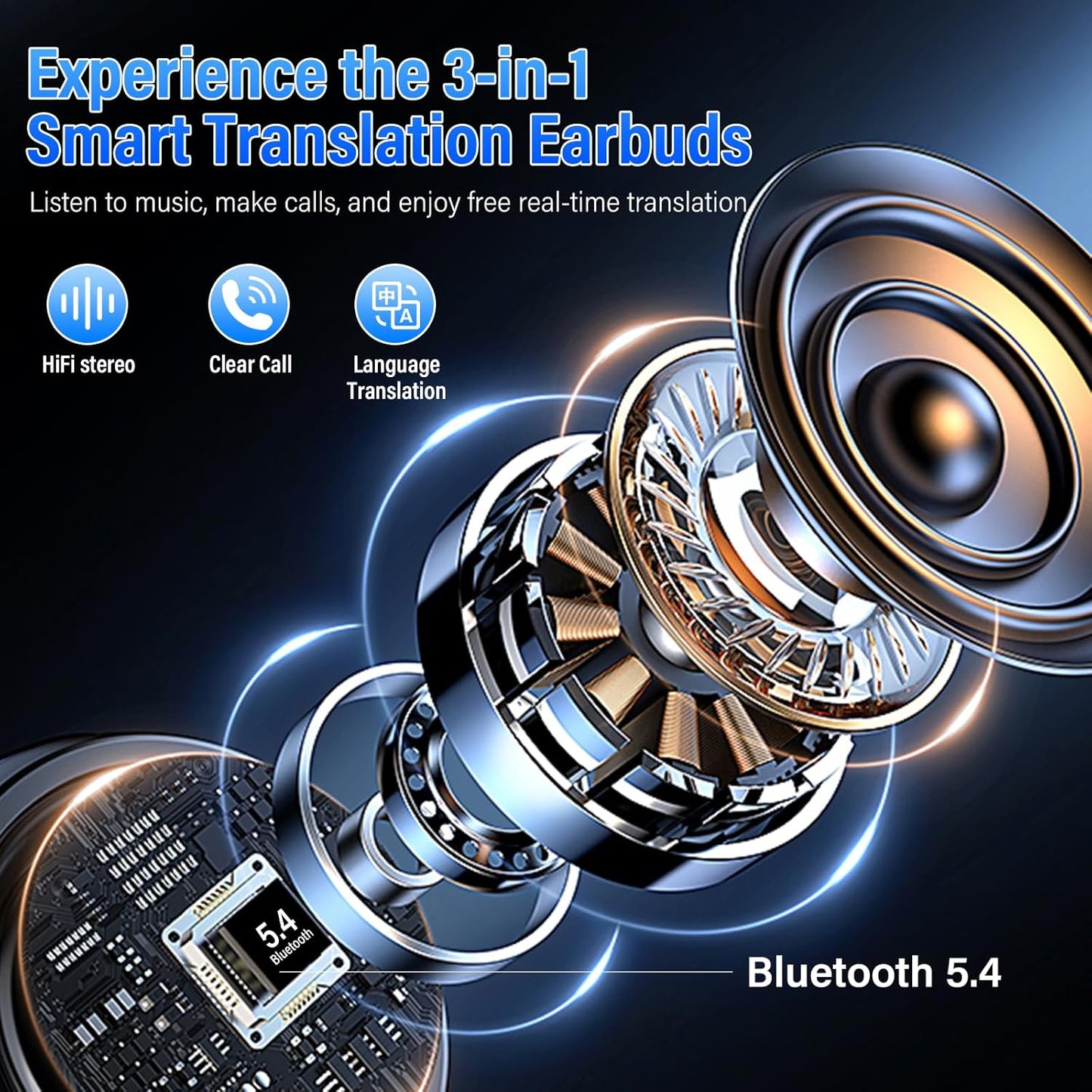 Skiennix AI Translation Earbuds - Real-Time 164 Languages Translator with 7 Modes | 48H Battery Life, Touch Screen & App, Blue
