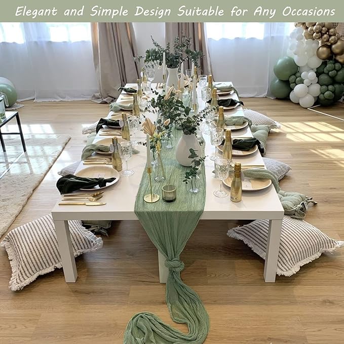 12 Pack Boho Gauze Table Runner - 35x72 Inch Rustic Cheese Cloth Long Table Runner for Wedding, Bridal Shower, Birthday Party Decor (Dusty Sage Green)