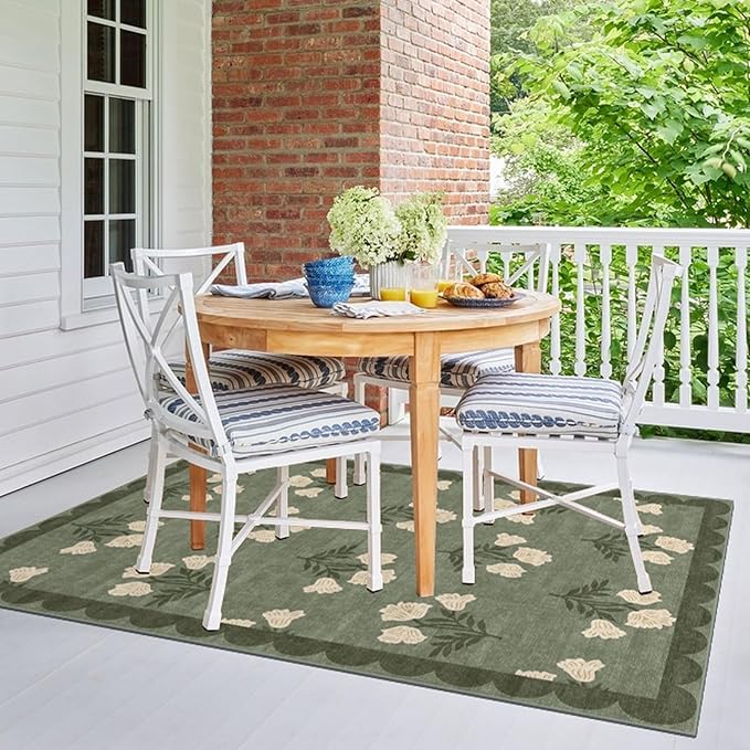 4x6 Covered Outdoor Patio Rug - Green Washable Front Porch Entry Rug Non-Slip Door Mat Indoor Outside Entrance Vintage Floral Scalloped Area Rug for Living Room Entryway Backyard Porch Decor