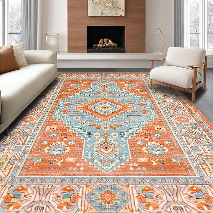 Flatwoven High Traffic Area Rug 6x9, Southwest Desert Bloom Motif Floor Covering with Elegant Detail, Non Slip, Stain Resistant, Washable Area Rugs for Living Room, Bedroom (Blue, 6x9)