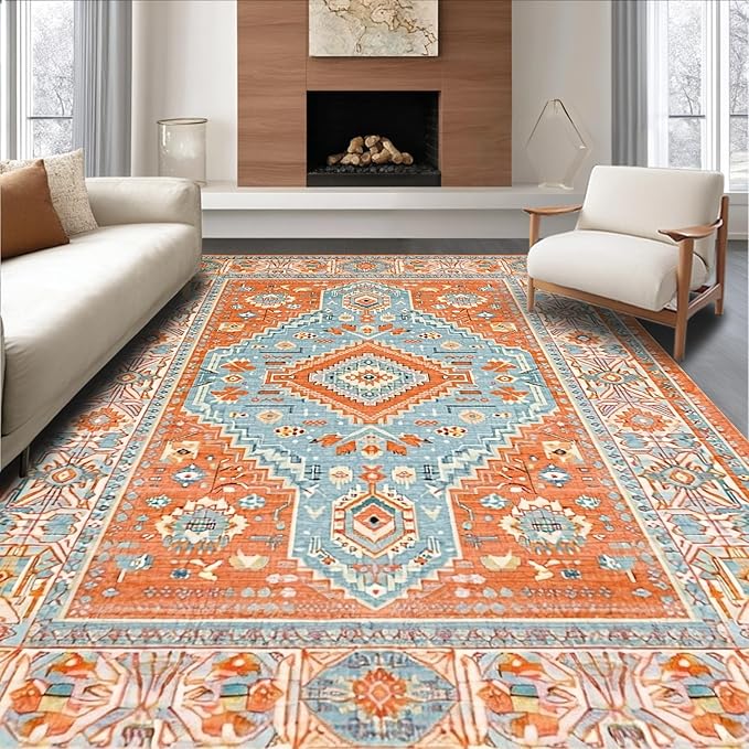 Flatwoven High Traffic Area Rug 4x6, Southwest Desert Bloom Motif Floor Covering with Elegant Detail, Non Slip, Stain Resistant, Washable Area Rugs for Living Room, Bedroom (Blue, 4x6)