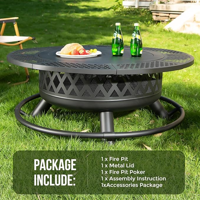 Panovue 42 Inch Outdoor Fire Pit with Grill, Large Firepit Table for Outside, Metal Round Firepits with Lid&Fire Poker,3 in 1 Wood Burning Fire Pits & Outdoor Fireplaces for Backyard,Patio(42'' Black)