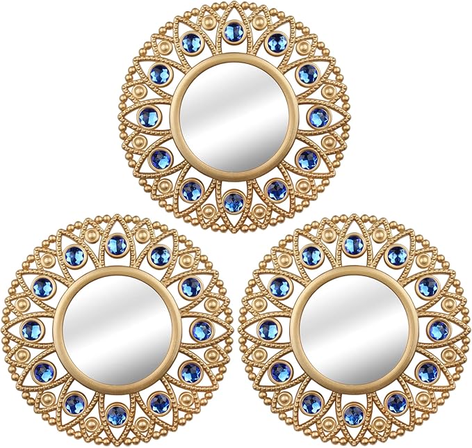 DXYAKY Gold Round Decorative Wall Mirrors Set of 3, Lightweight Plastic Framed Mirrors with Blue Crystal Accents, 9.8 Inch Vintage Boho Wall Decor for Livingroom, Bedroom, Entryway