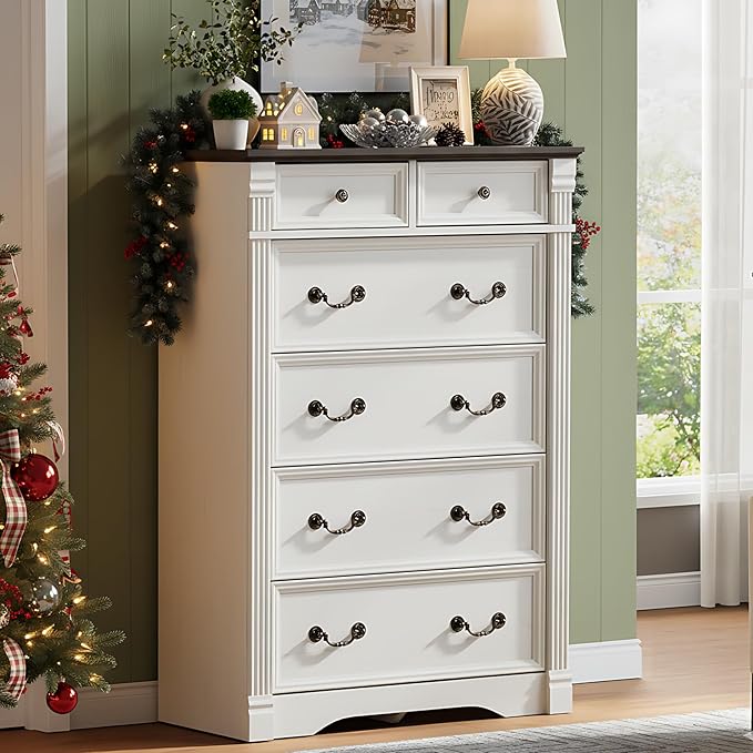 White 6 Drawers Dresser, 47" Tall Dresser for Bedroom, Wood Rustic Tall Chest of Drawers with Chic Wood Pilasters, Farmhouse Dressers Organizer for Bedroom, Hallway