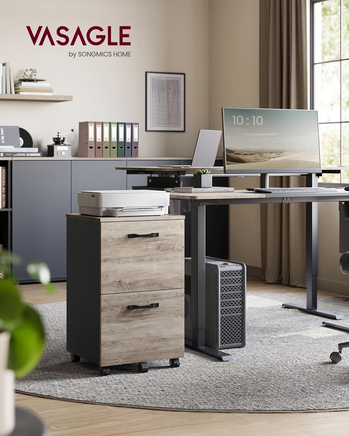 VASAGLE 2-Drawer File Cabinet - Compact Rolling Filing Cabinet for Home Office | A4 & Letter Size, Heather Greige & Ink Black, 15.7 x 16.5 x 27.6 Inches