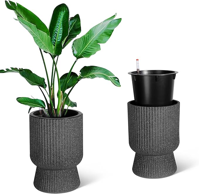14.2" Tall Planters Set of 2, Plant Pots, Self Watering Pots for Indoor Plants, Flower Pots With Built-In Drainage and a Water Level Monitor, for Patio, Porch, Living Room, or Office, Marble Black