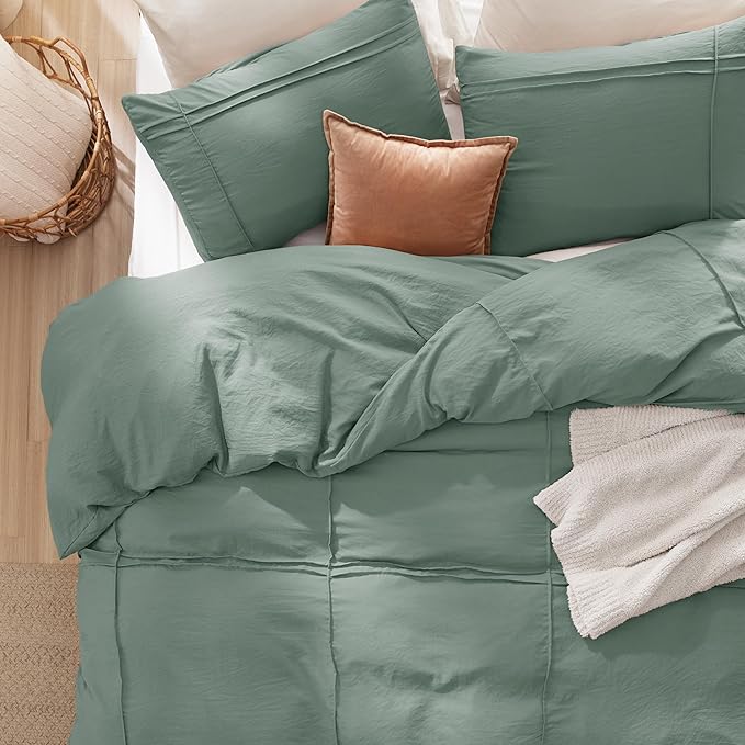 Bedsure Grid Boho Duvet Cover King Size - Shabby Chic Tufted Boho Bedding Set, 3 Pieces Shabby Chic Home Bedding for All Seasons, Includes 1 King Duvet Cover & 2 Pillowcases (Green, 104" x 90")