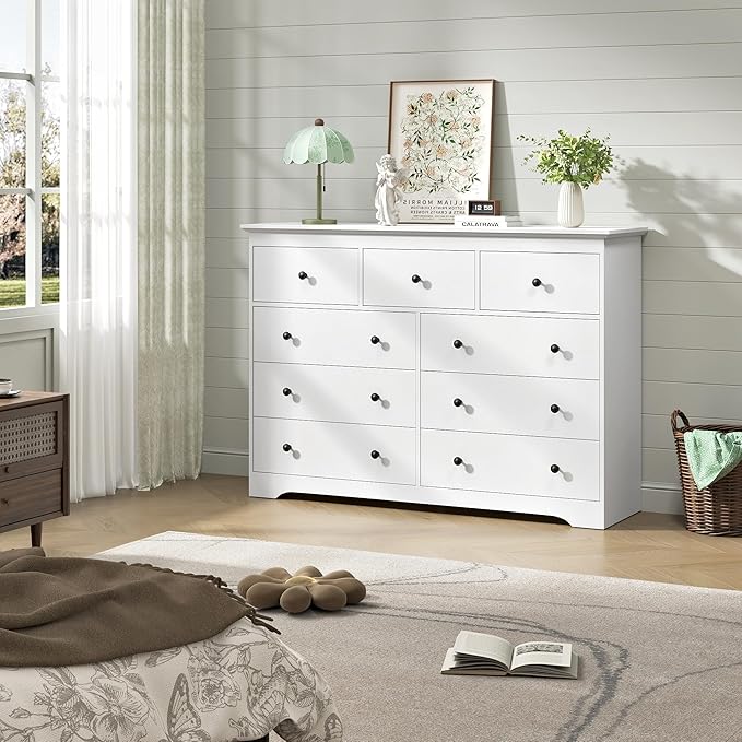 White Dresser for Bedroom，55" Wide 9 Drawers Dressers,Modern Wooden Chest for Living Room, Hallway