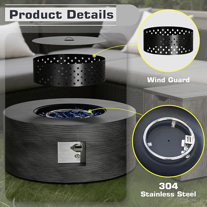 2-Piece 30" Round Propane Fire Pit for Outside Patio with Hidden Tank Table, 50,000 BTU Fireplaces with Wind Guard, Lid, Glass Rocks, Cover(Wood Grain Ebony)
