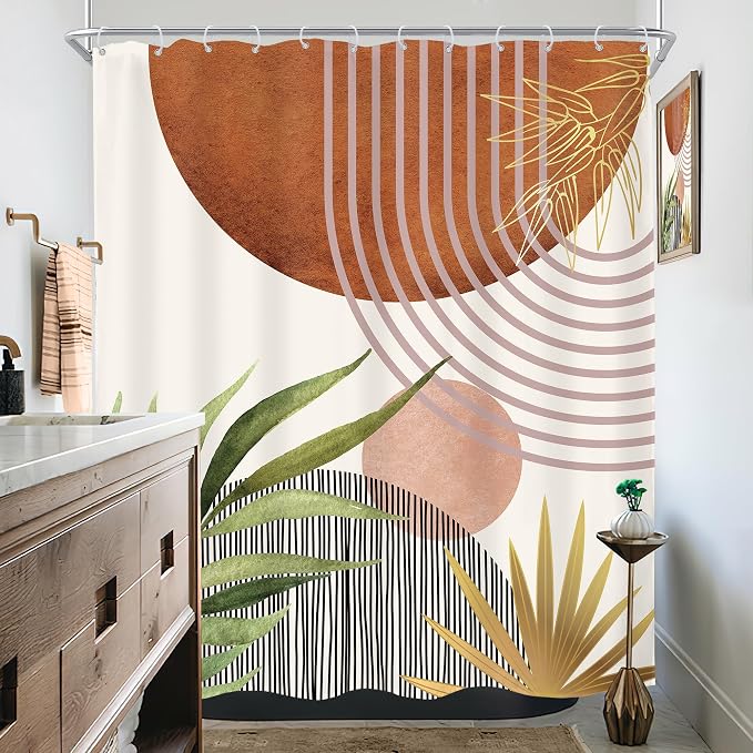 KOMLLEX Mid Century Green Boho Shower Curtain 60Wx72L Inches Abstract Modern Brown Shower Curtain for Bathroom Decor Plant Botanical Minimalist Arch Sun Fabric Liner Waterproof Polyester 12 Pack Hooks