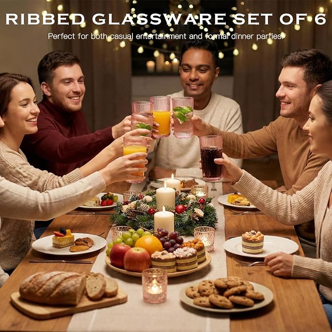 Pink Ribbed Highball Glasses Set of 6, 13.2oz Pink Colored Glassware, Drinking Glasses for Water, Juice, Iced Coffee, Cocktails, Pink Glass Cups, Housewarming Christmas Gift