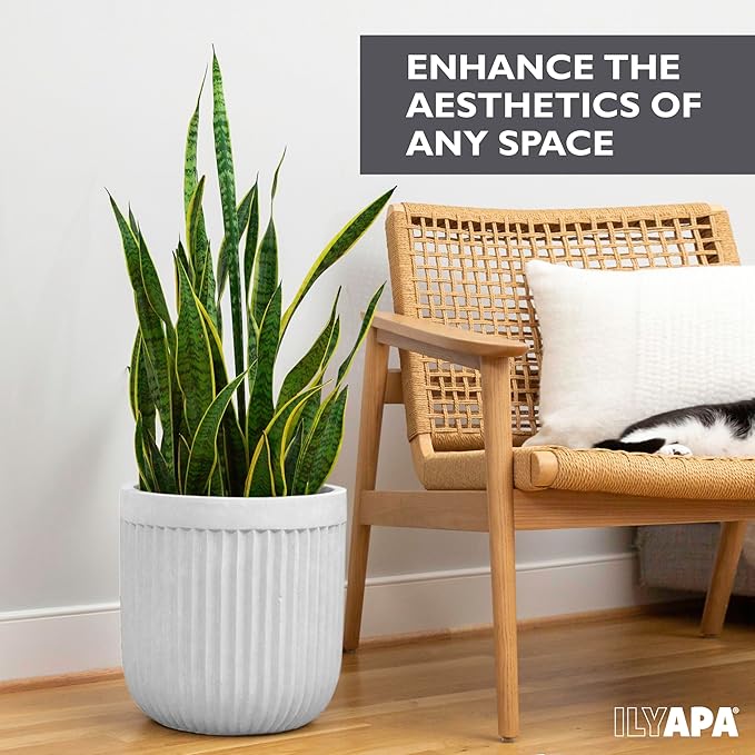 Ilyapa 14 Inch Large Fluted Modern Concrete Planter - 14x14 Inch Indoor Plant Pots with Drainage - Large White Planters for Indoor/Outdoor Use