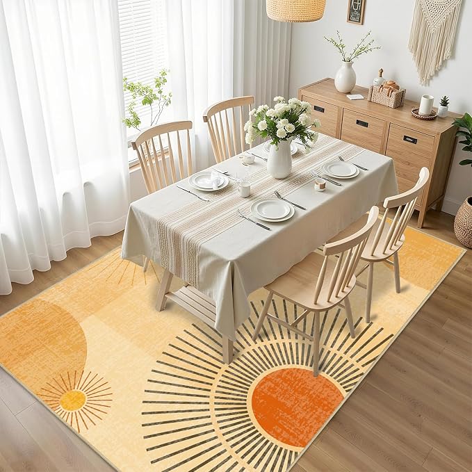 Sun Rug 3x5 for Living Room Mid Century Modern Area Rugs Machine Washable Boho Geometric Rug Non Slip Printed Low Pile Indoor Floor Carpet for Kitchen Bathroom Bedroom,Yellow