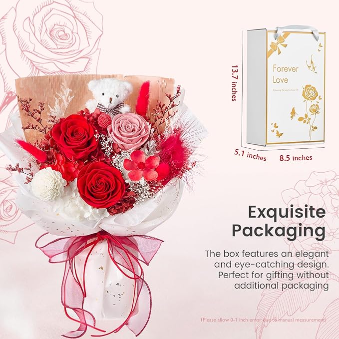 Polylove Forever Flower Bouquet Flowers for Delivery Prime Preserved Roses with Bear Gift Box for Wife Women Mother Day Anniversary Birthday (Red)