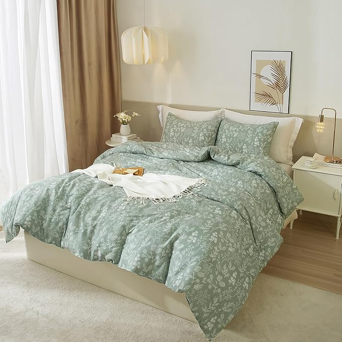 EAVD Vintage Style Garden Sage Floral Duvet Cover Full Soft Cotton Chic Shabby Cute Floral Botanical Bedding Set with 2 Pillowcases Fresh Reversible Botanical Duvet Cover with Zipper Closure